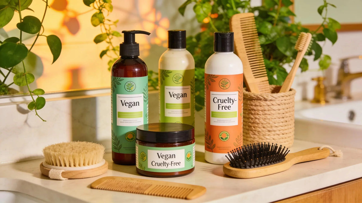 Variety of vegan hair products displayed on a bathroom counter, emphasizing eco-friendly beauty choices