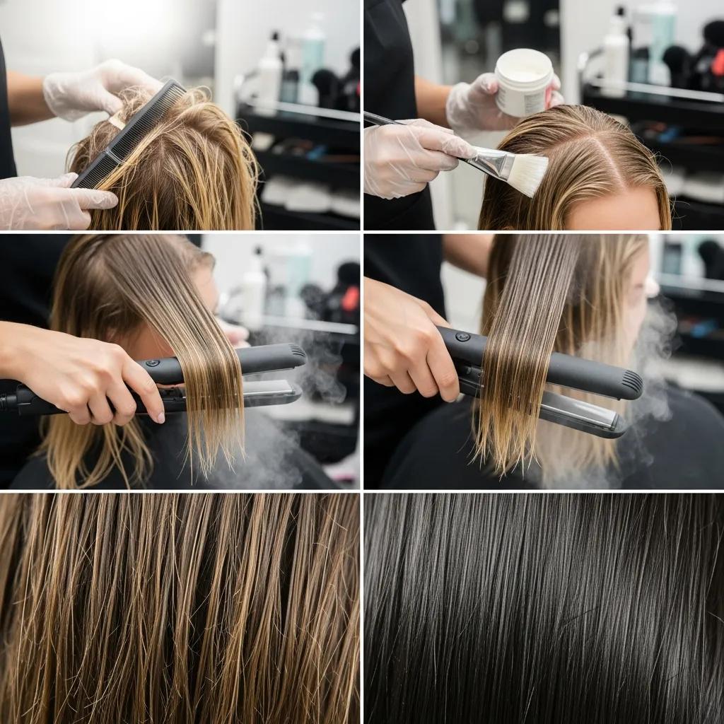 Step-by-step application of nanoplasty hair treatment in a salon