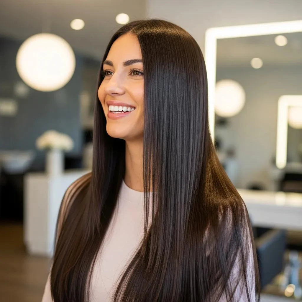 Woman with smooth, shiny hair after nanoplasty treatment in a modern salon