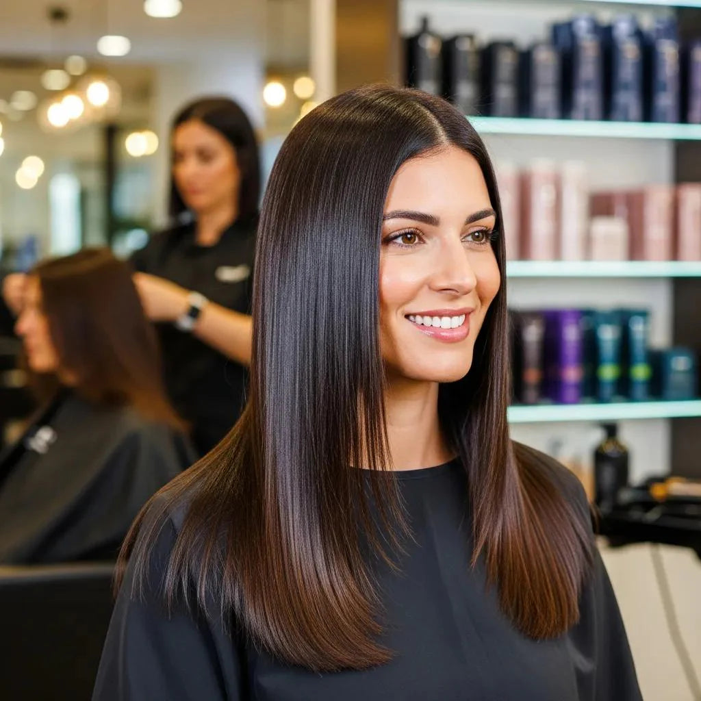 Woman with smooth, shiny hair in a salon after nanoplasty treatment