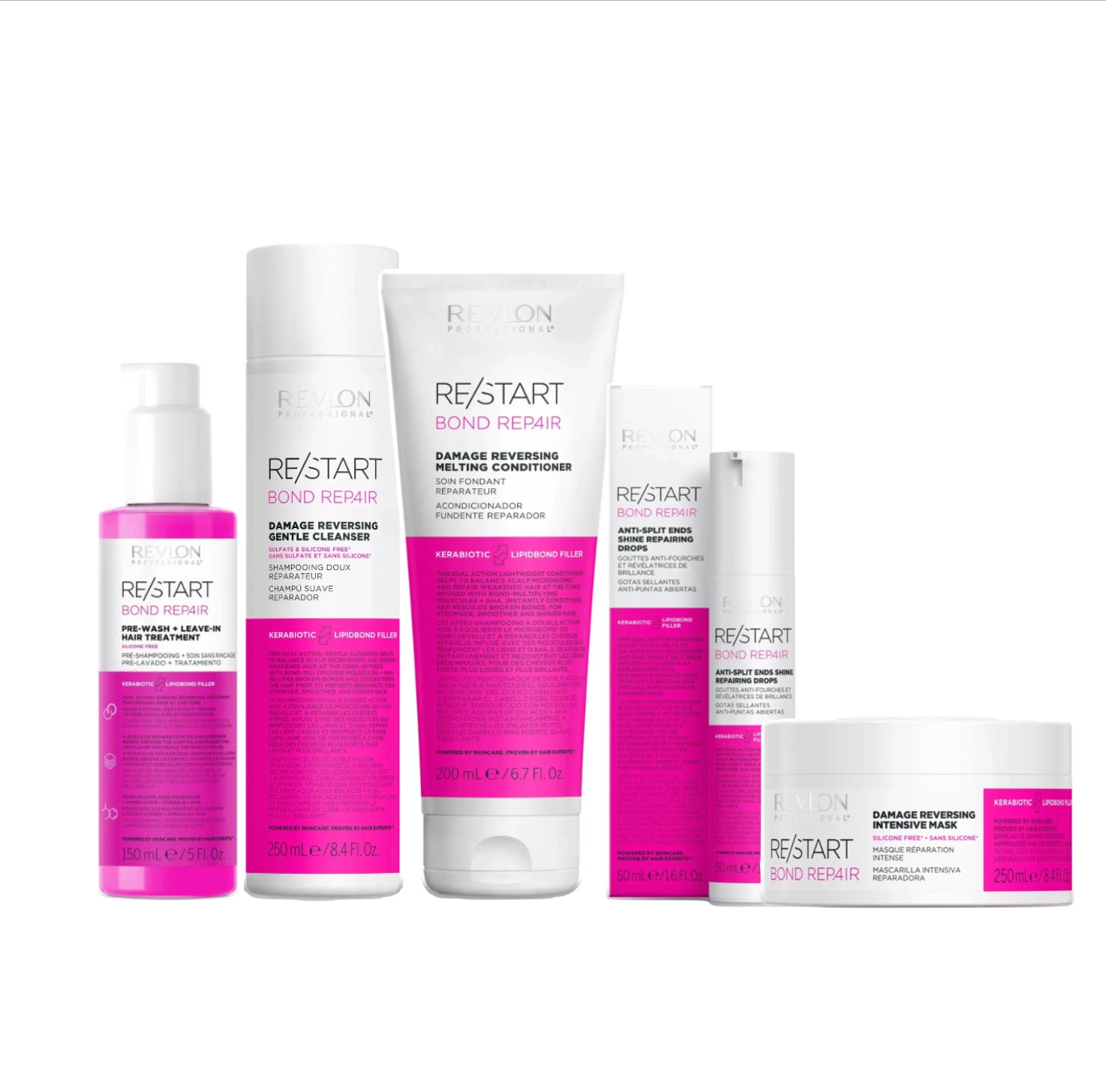 REVLON PROFESSIONAL RE/START BOND REPAIR DAMAGE REVERSING GENTLE CLEANSER 250ml & MELTING CONDITIONER 200ml & PRE-WASH + LEAVE-IN HAIR TREATMENT 150ml & ANTI-SPLIT ENDS SHINE REPAIRING DROPS 50ml &  INTENSIVE MASK 250ml