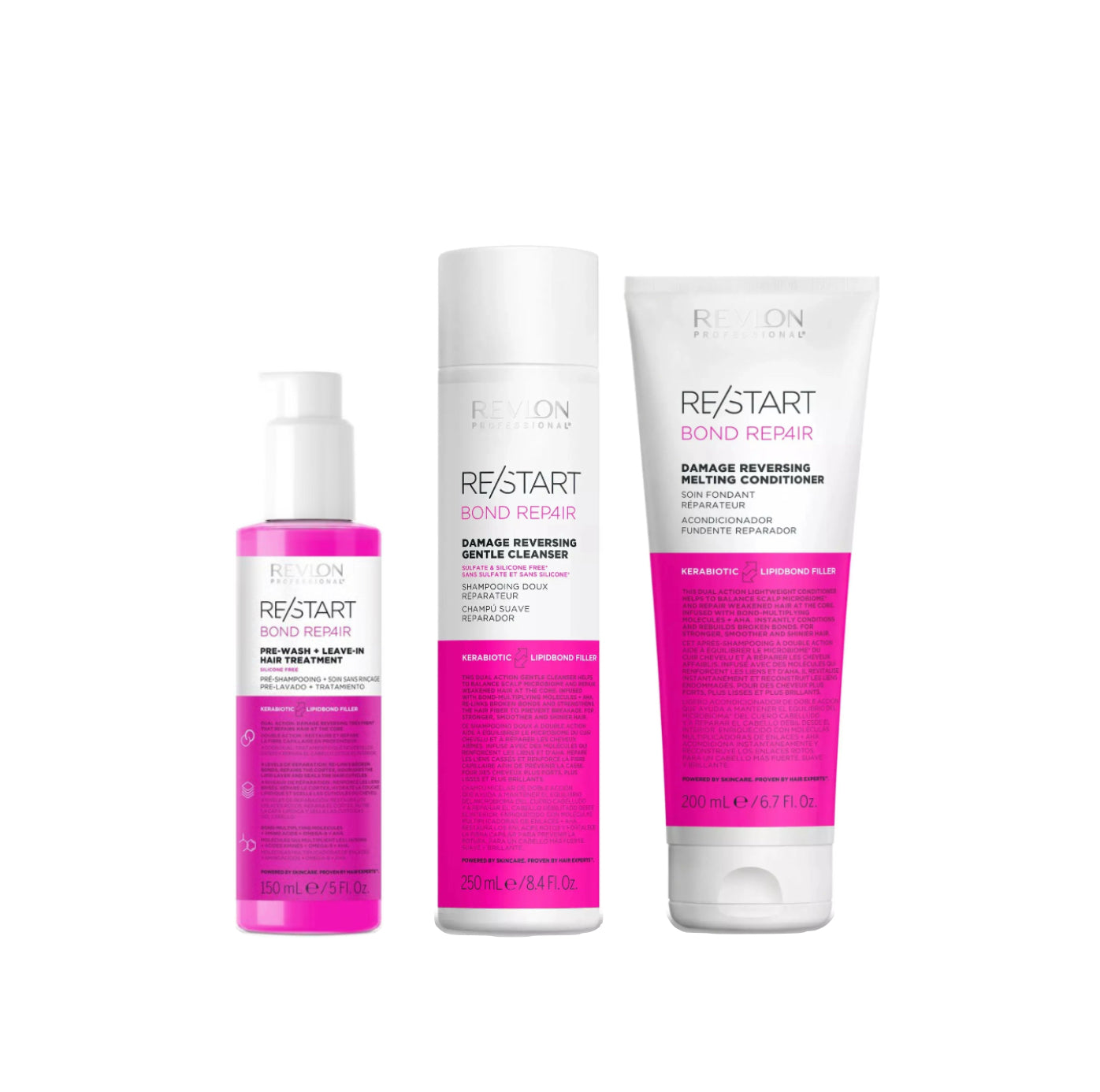REVLON PROFESSIONAL RE/START BOND REPAIR DAMAGE REVERSING GENTLE CLEANSER 250ml & MELTING CONDITIONER 200ml & PRE-WASH + LEAVE-IN HAIR TREATMENT 150ml TRIO