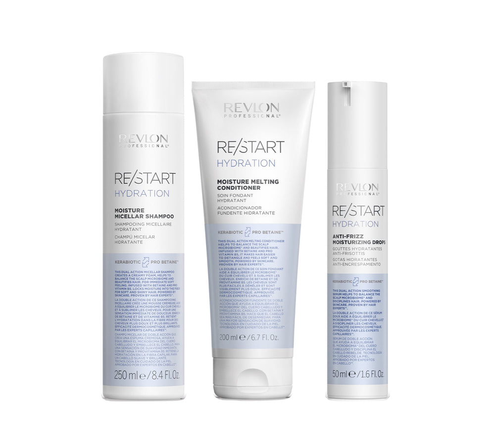 REVLON PROFESSIONAL RE/START™ HYDRATION MOISTURE MICELLAR SHAMPOO 250ml & MOISTURE MELTING CONDITIONER 200ml & ANTI-FRIZZ MOISTURIZING DROPS 50ml TRIO