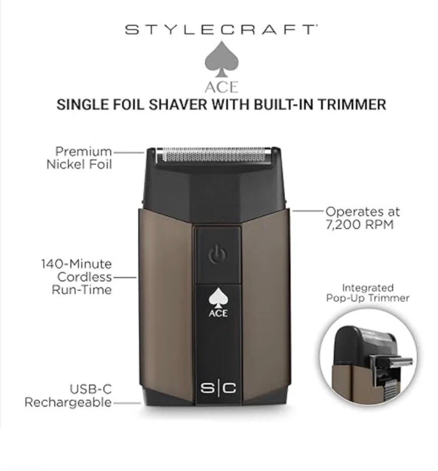 STYLECRAFT BY SILVER BULLET ACE Single Foil Cordless Shaver With Built-In Trimmer on