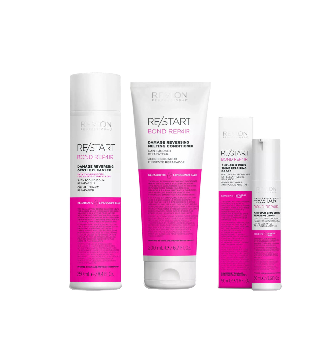 REVLON PROFESSIONAL RE/START BOND REPAIR DAMAGE REVERSING GENTLE CLEANSER 250ml & MELTING CONDITIONER 200ml & ANTI-SPLIT ENDS SHINE REPAIRING DROPS 50ml TRIO