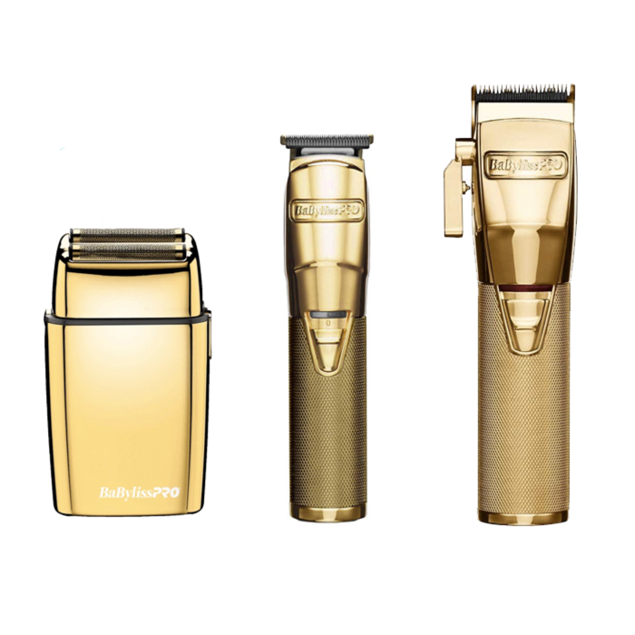 BaByliss PRO FX Hair Trimmer/FX Clipper/FX Metal Double Foil Shaver - Gold Bundle