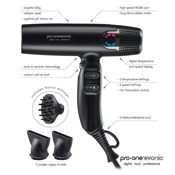 PRO-ONE EVONIC CYCLONIC JET STREAM AIR HAIRDRYER - Black