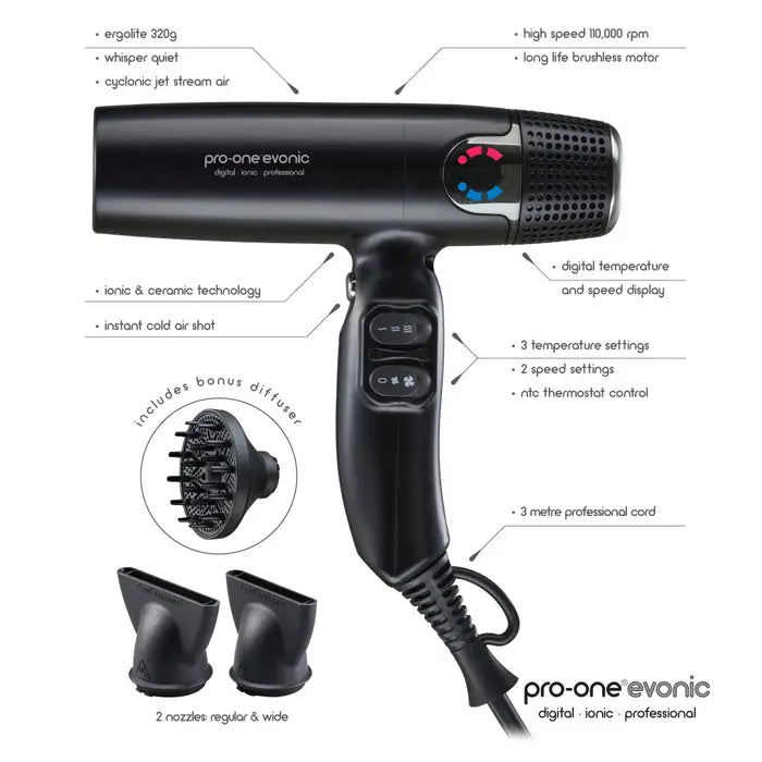 
            
                Load image into Gallery viewer, PRO-ONE EVONIC CYCLONIC JET STREAM AIR HAIRDRYER - BLACK
            
        