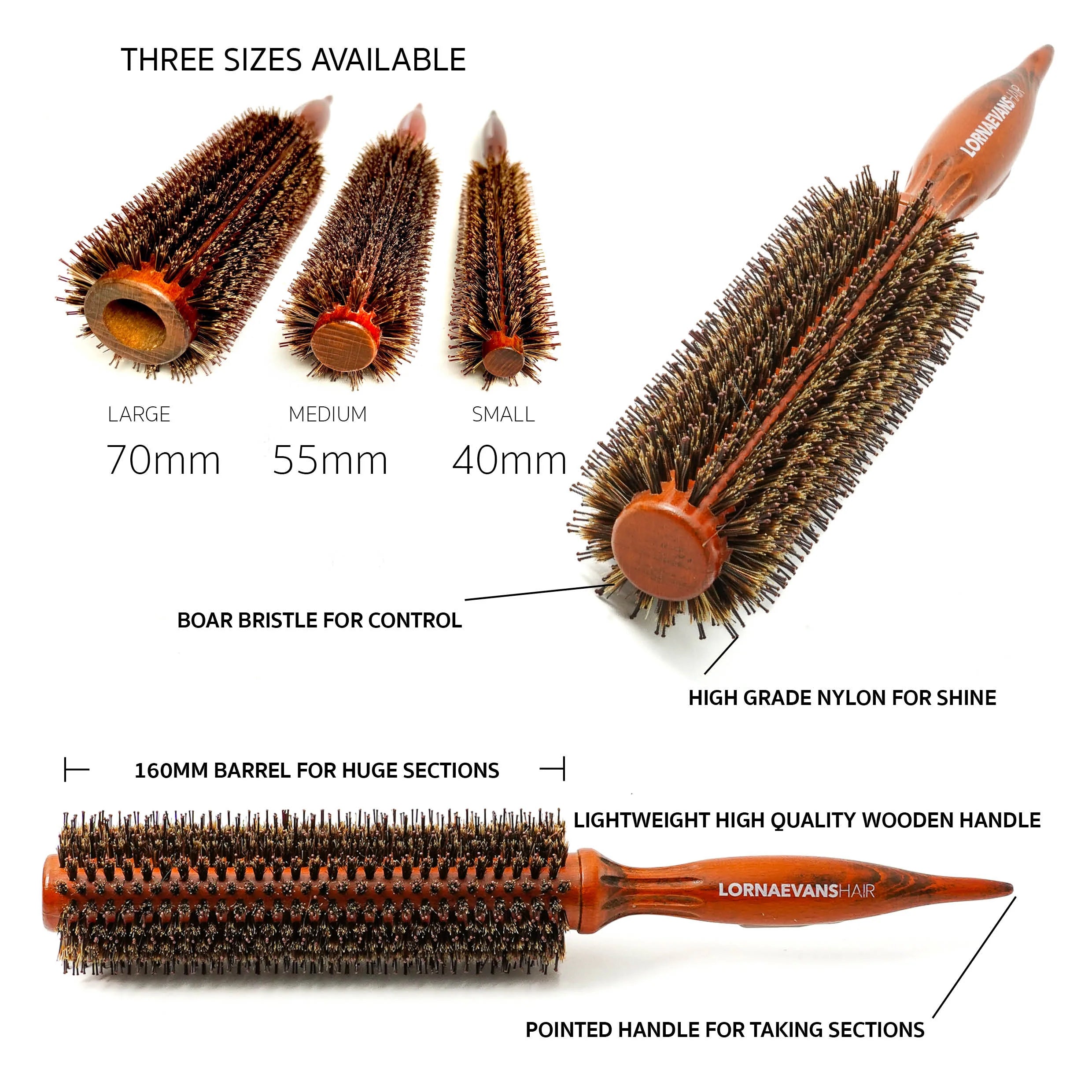 LORNA EVANS HAIR Boar Bristle Brush “Timesaver Brush” - 3 Pack