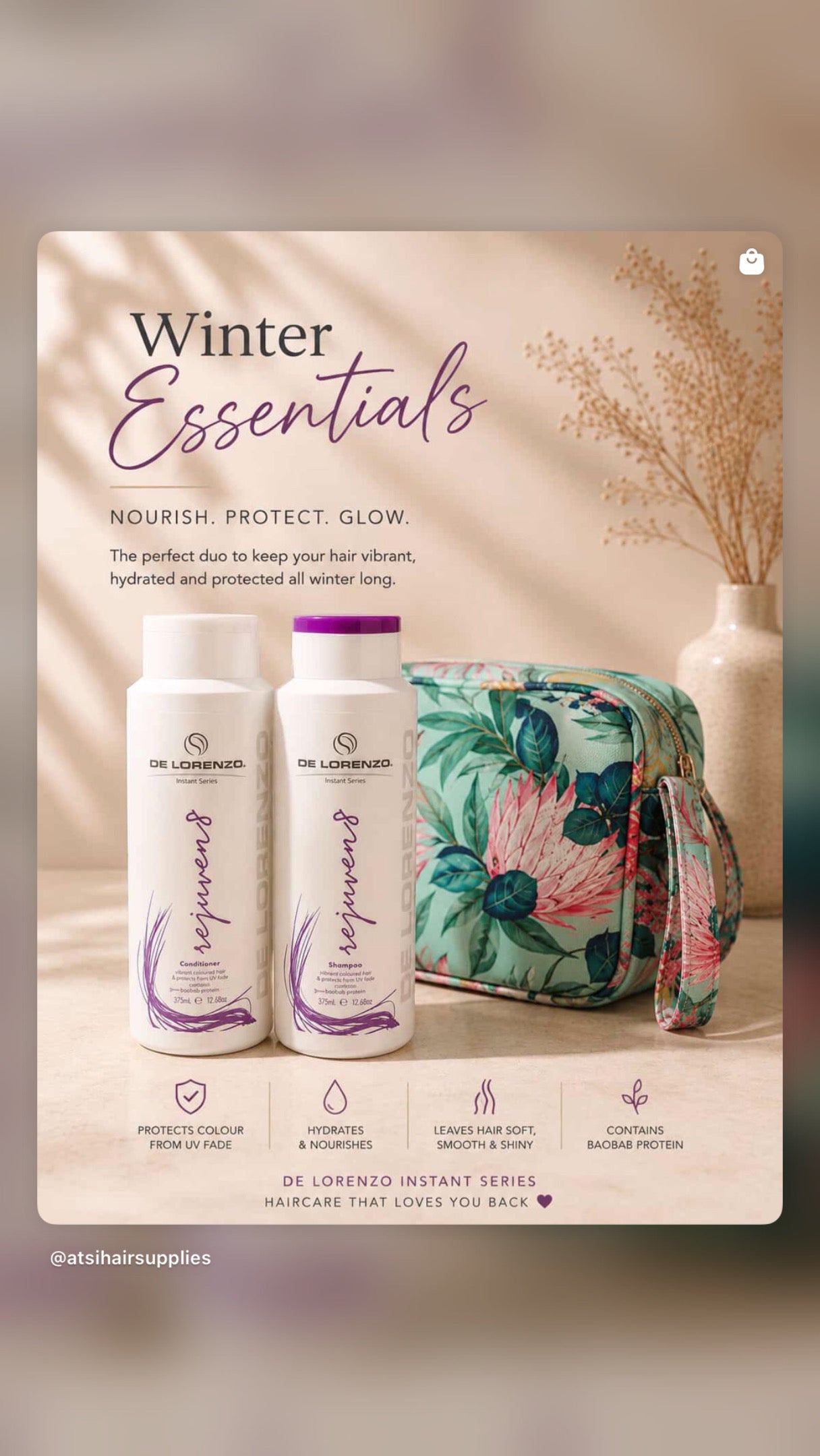 DeLorenzo essentials packs Protective Colour Shampoo, Conditioner and a cute bag.