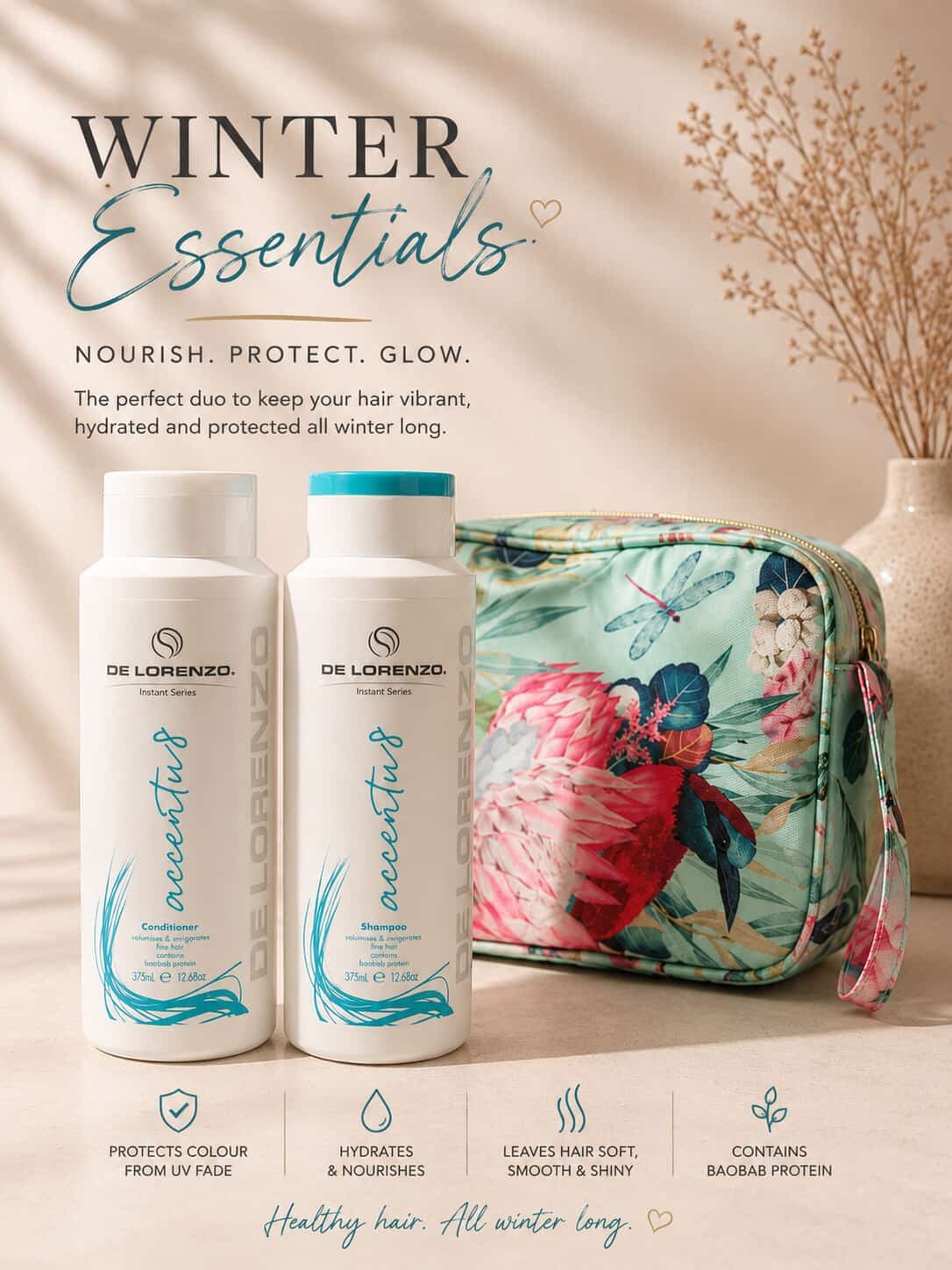 DeLorenzo essentials packs  Volume Shampoo, Conditioner and a cute bag.