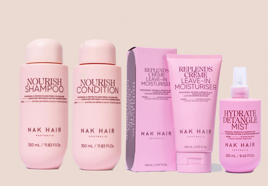 NAK NOURISH SHAMPOO AND CONDITIONER DUO + REPLENDS MOISTURE MASK + HYDRATE DETANGLE MIST