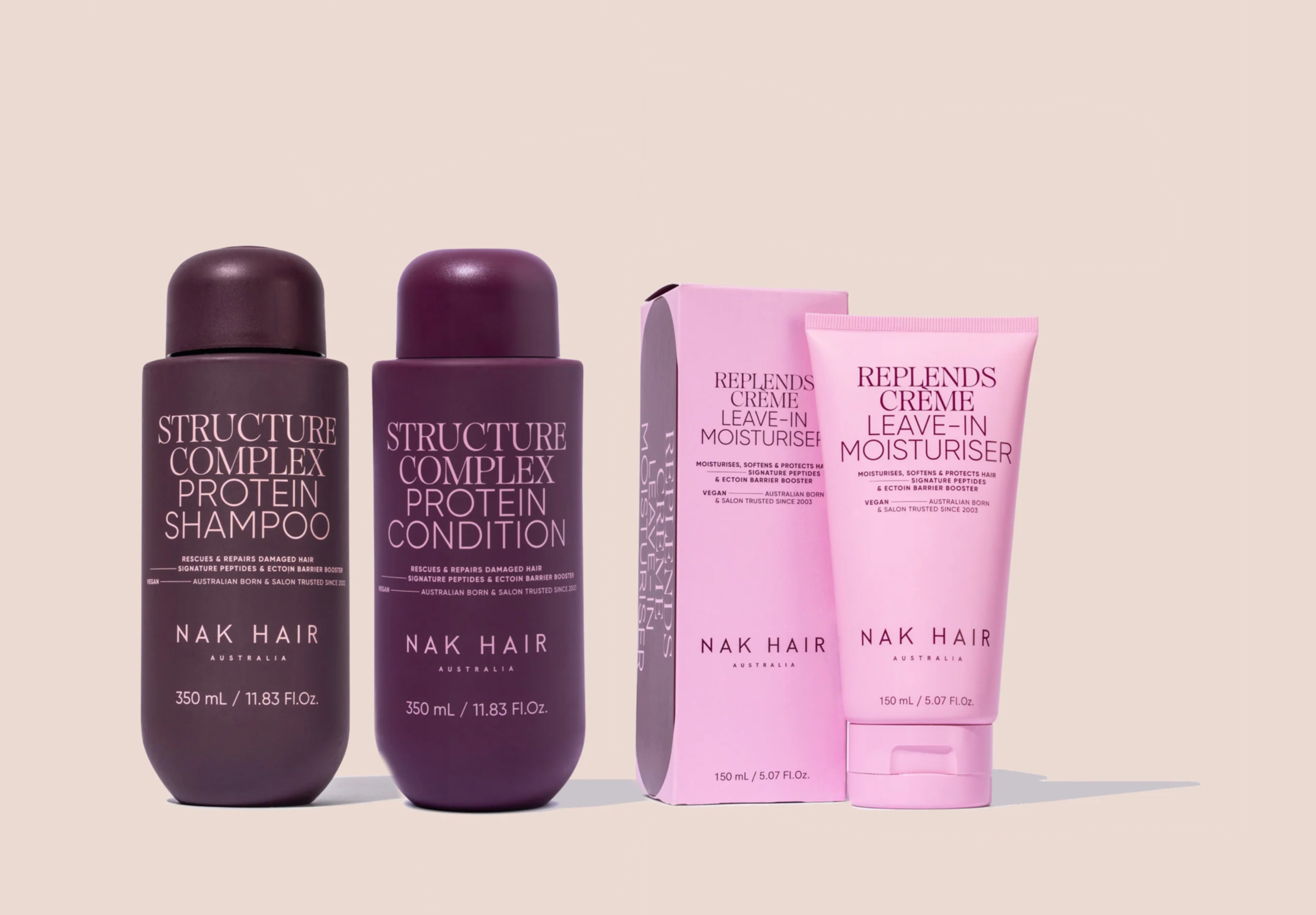 NAK STRUCTURE COMPLEX PROTEIN SHAMPOO AND CONDITIONER DUO + REPLENDS LEAVE IN MOISTURISER