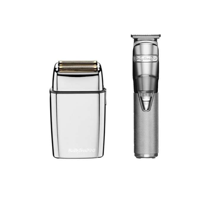 Babyliss PRO SilverFX Skeleton Lithium Outliner Hair Trimmer FX787S & Pro FX Metal Double Foil Shaver - Silver - Bundle