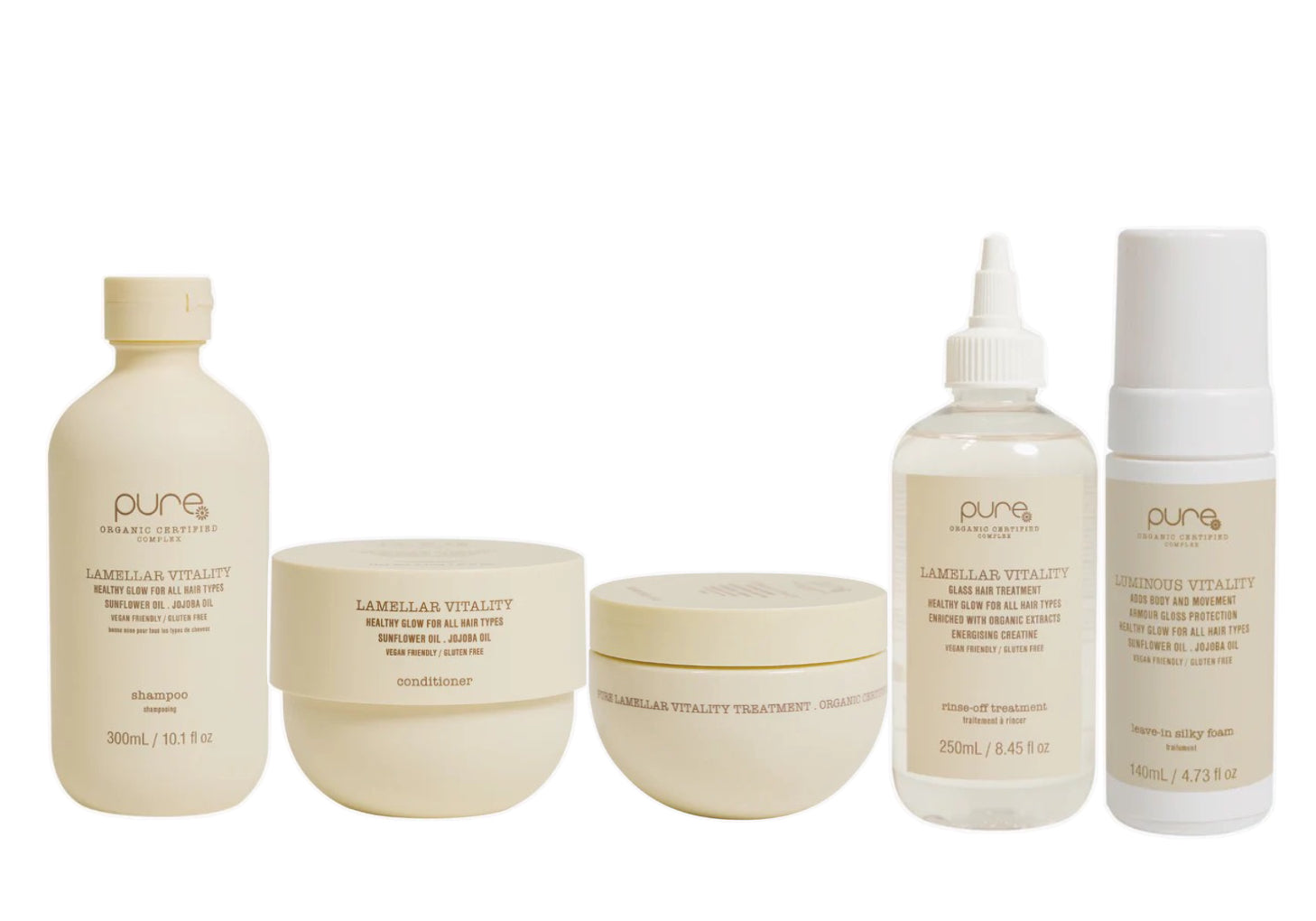 Pure LAMELLAR Shampoo, Conditioner, Mask,  Hair Treatment and Luminous Leave in Silky Foam Bundle
