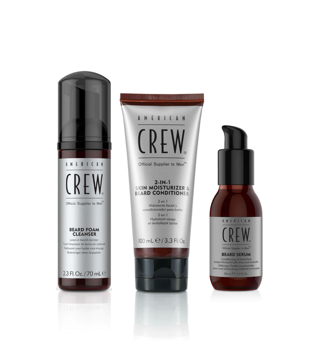 AMERICAN CREW Beard Foam Cleanser 70ml and 2 in 1 Skin Moisturizer and  Beard Conditioner 100ml and  Beard Serum 50ml Bundle